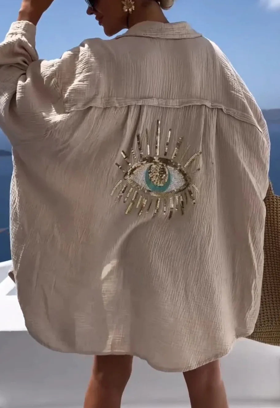 2025 Long Sleeve Loose Shirts Evil Eye Casual Sequin Beaded Shirt Spring Geometric Eye Top Turn-down Collar Button Long Blouse