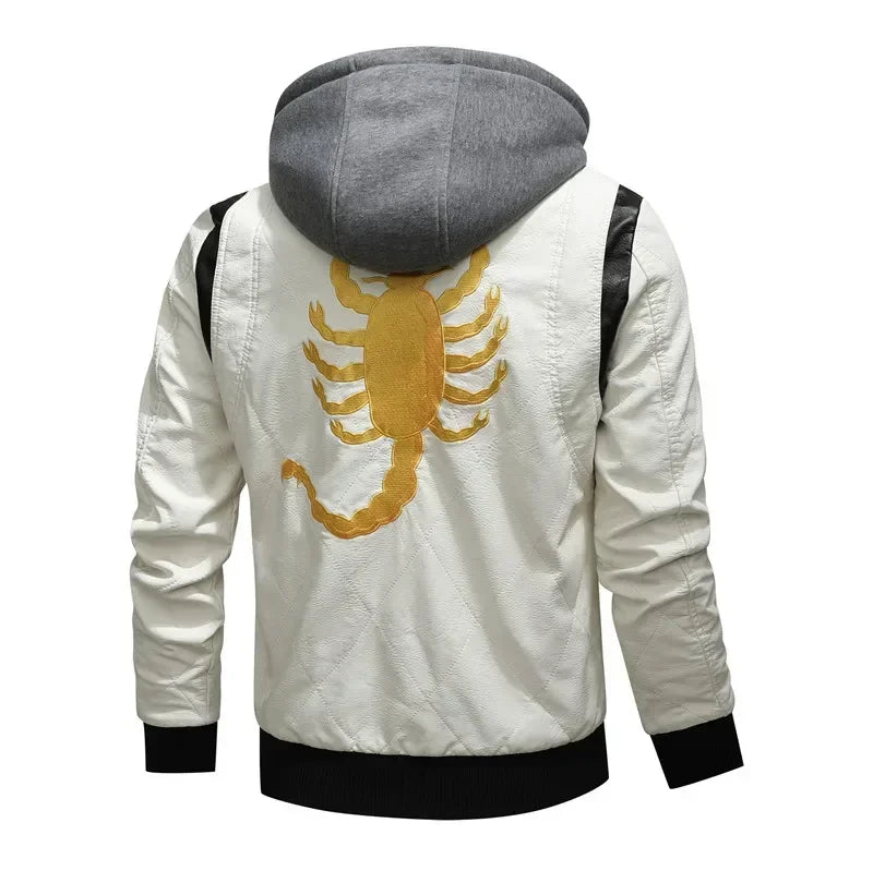 Ryan Gosling Drive Jacket Mens Winter Bomber Leather Jackets Men Scorpion Embroidery Hooded Jacket PU Leather Motorcycle Jacket