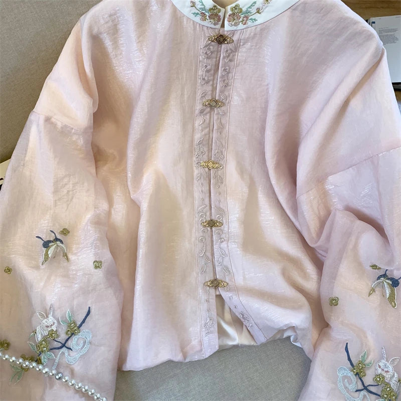 Chiffon Women's Shirts Chinese Style Embroidery Blouses Loose Fashion Women Tops Spring/Summer Floral Vintage Clothing
