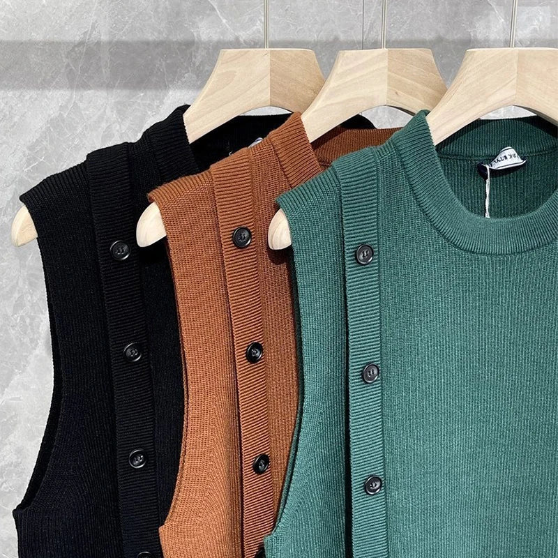 Men's Luxury Knitted Pullover Sweater Vest Casual Streetwear Button Solid Color O Neck Sleeveless Loose Stylish Vintage Knitwear