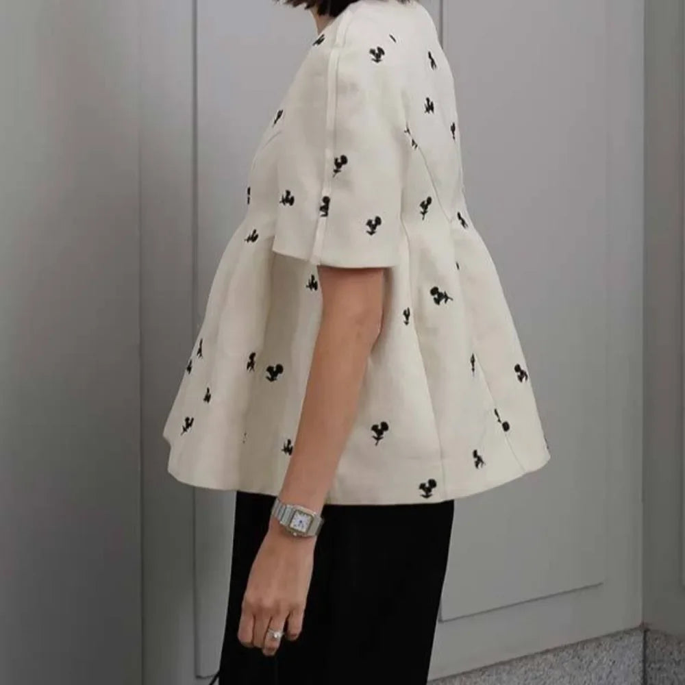 O-neck Bubble Sleeve Shirts & Blouses Flower Embroidery Blusas Mujer Pleated  HemWoman 2025 Clothing Moda Camisas Summer Ropa