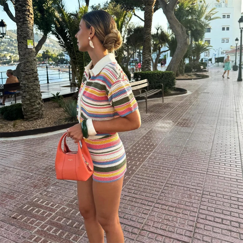 PB&ZA2024 autumn new women's clothing fashion temperament slim fit casual POLO collar short knitted sweater striped shorts set