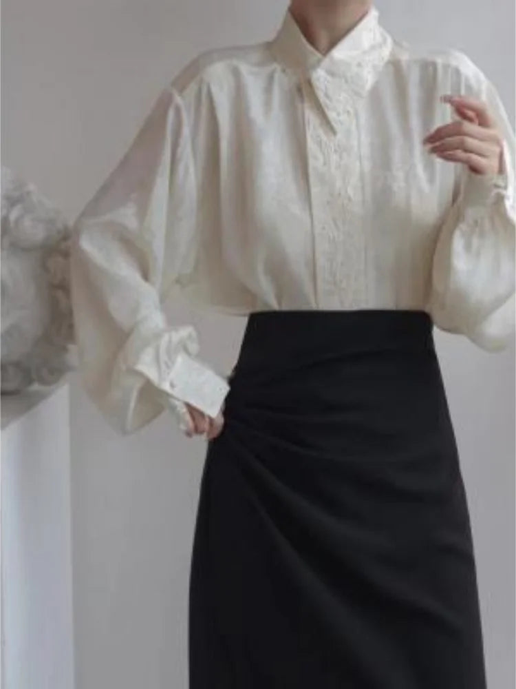 Chinese Style Women's Shirts Vintage Embroidered Blouse Heavy Industry Long Sleeve White Shirt Elegant Ladies Clothes Tops 2024