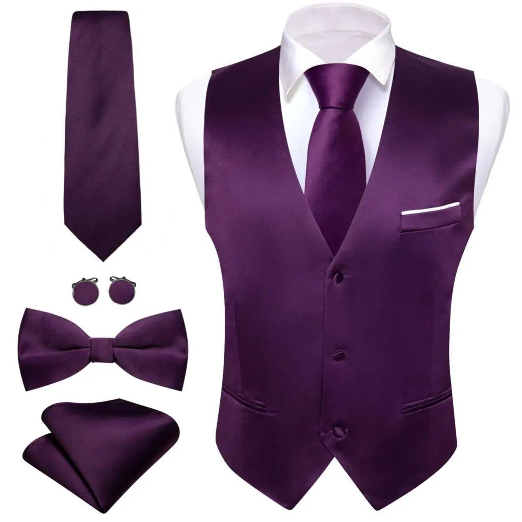 Designer Men's Vest Dark Green Solid Silk Satin Waistcoat Tie Bowtie Hanky Wedding Formal Male Suit Sleeveless Jacket Barry Wang