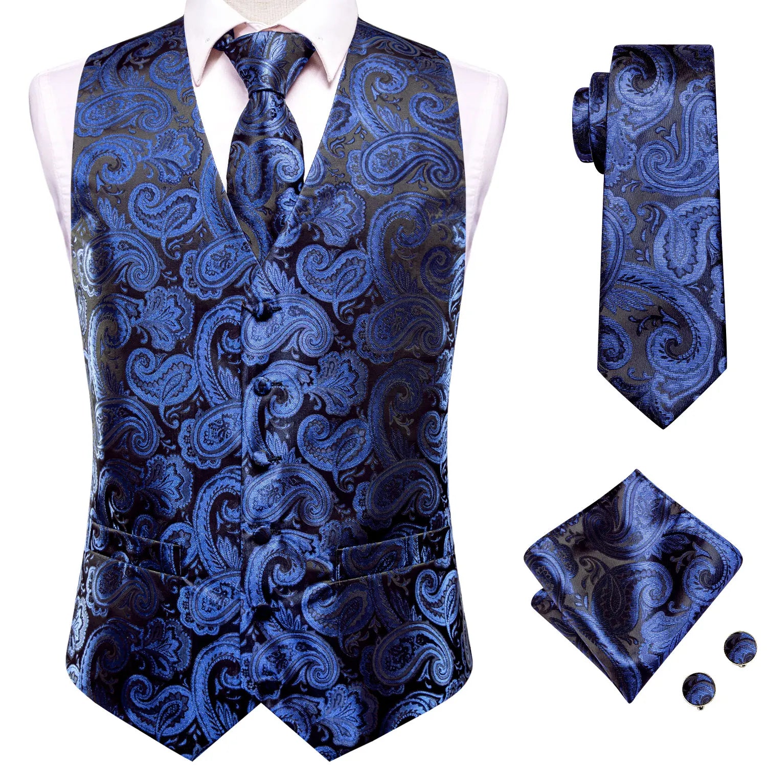 Hi-Tie Navy Blue Mens Vest Formal Silk Paisley Waistcoat Jacket Tie Handkerchief Cufflinks Set For Male Dress Suit Wedding Party