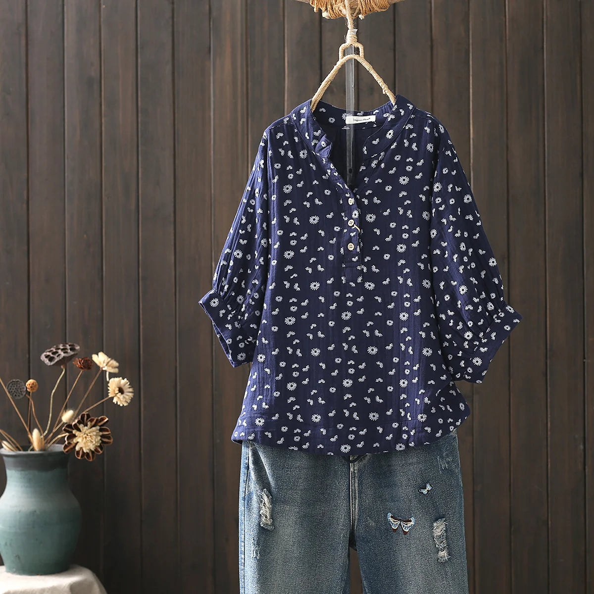 100% Cotton Yarn Shirts Large Size Tops Women Pastoral Style V Neck Half Sleeve Printed Shirts and Blouses Middle Aged Women