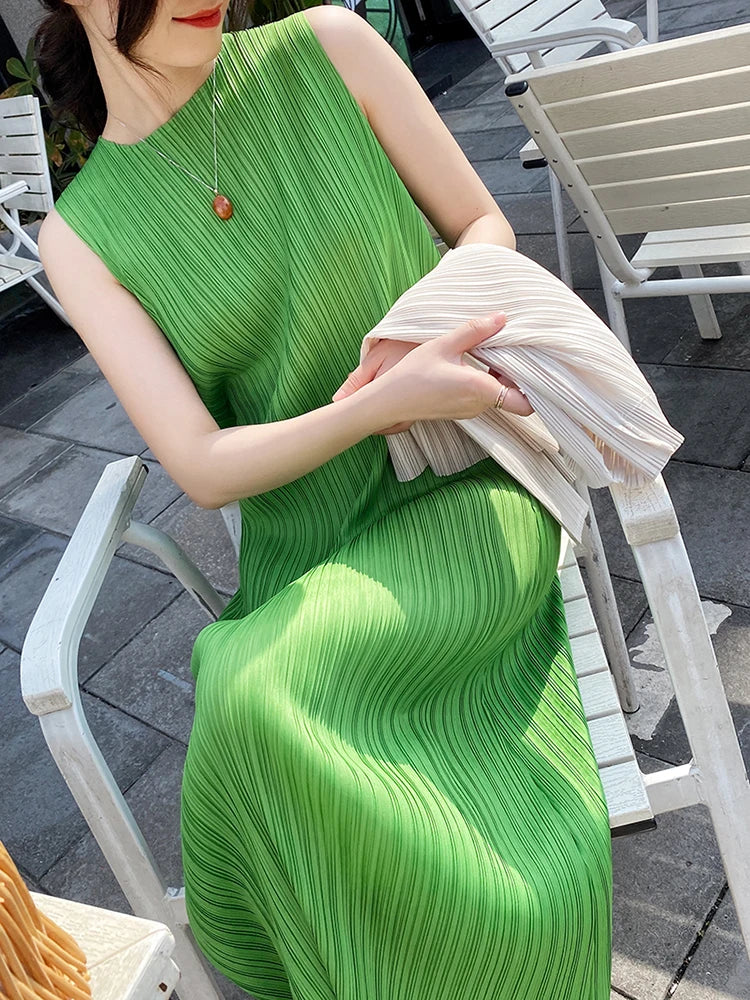 Miyake Pleated Women Dress Summer Sleeveless Long Classic Korean Fashion Casual Elegant Female Lce Water Blue Beach Dress TP5045