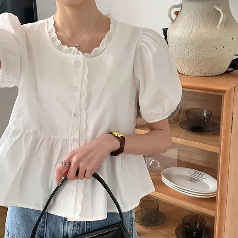 Shirts Women Elegant Sweet Preppy Style Cute Summer Tops Short Puff Sleeve New Arrival Stylish Korean Camisas Mujer Vintage Pure