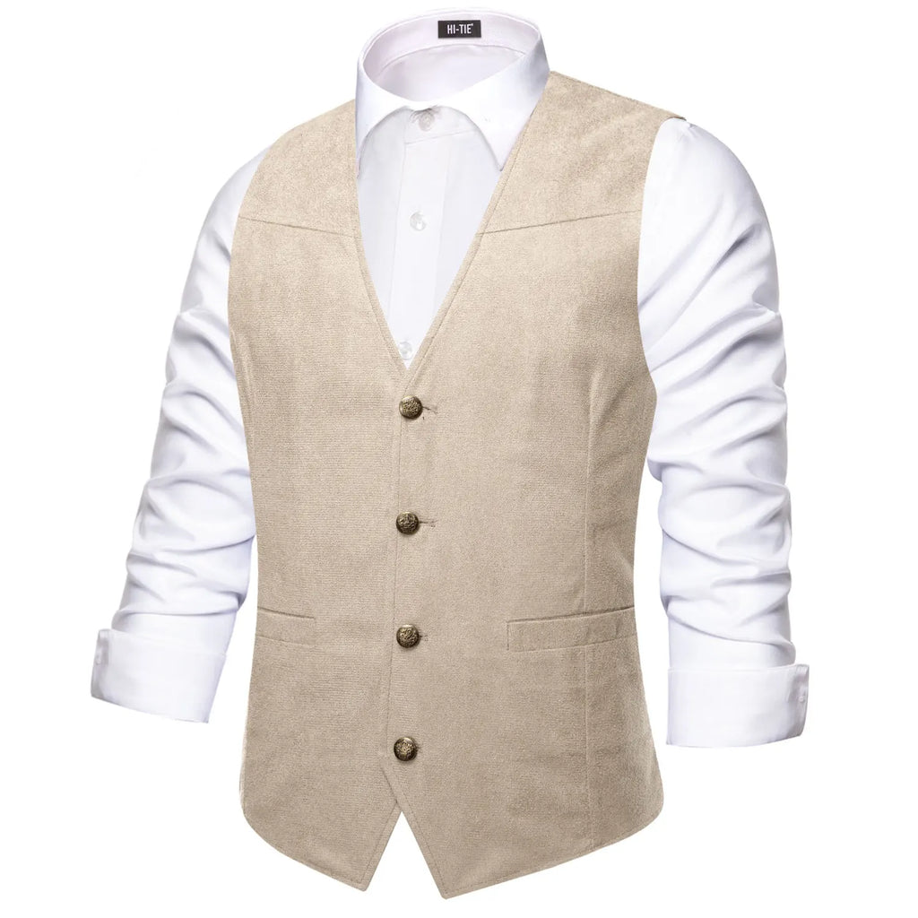 Hi-Tie Luxury Men Vest Suede Fabric Solid Waistcoat Casual Fit High Quality Wedding Business Beige Brown Black Red Green Silvery