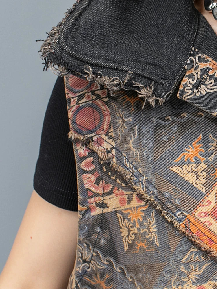 Spring Summer Trendy Personality Print Distressed Denim Irregular Vest + Large Crotch Pants Two-piece Set Women LX323