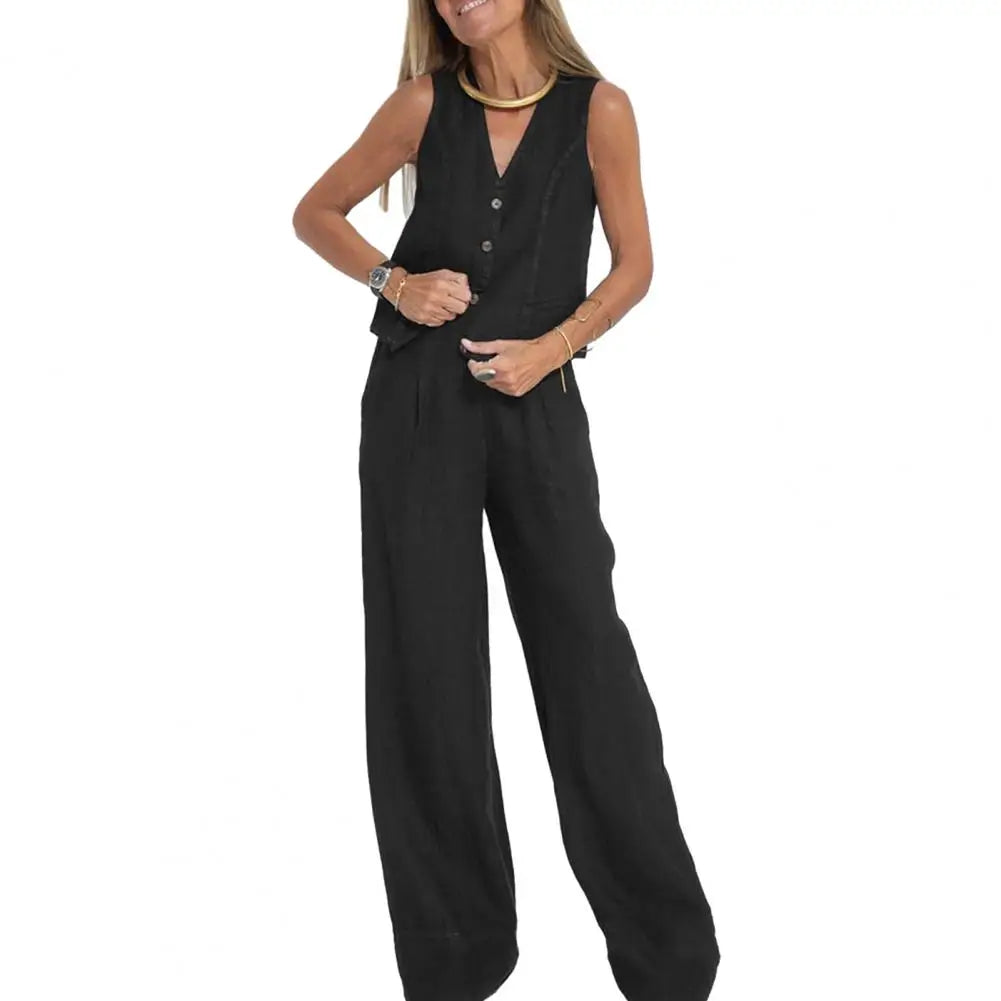 Casual Style Suit Set Fashionable Women's Cotton Linen Suit Sleeveless Vest Wide Leg Pants Set for Office or Casual Wear