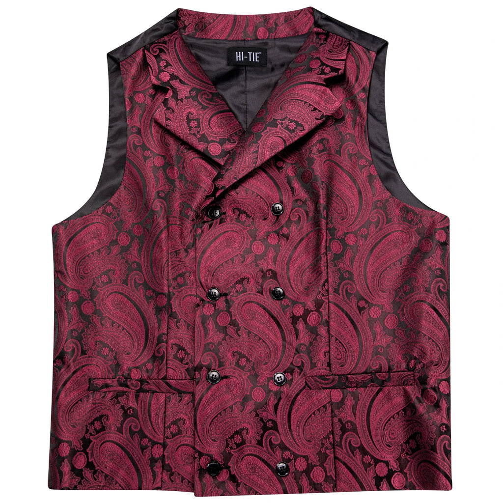 Hi-Tie Dark Red Men's Vests Silk Paisley Jacquard Waistcoat Jacket NeckTie Hanky Cufflinks for Men Business Party Designer Gifts