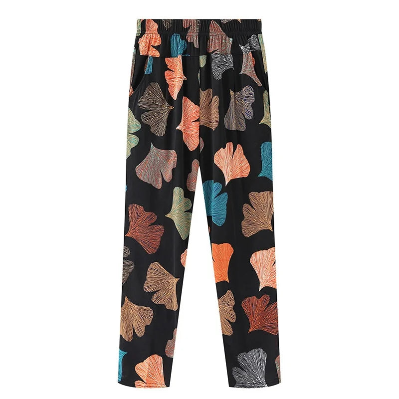 Summer Women's Printed Pants 2023 New Elastic High Waist Thin Ice Silk Pants Loose Large Size Women's Casual Ninth Pants 7XL 8XL