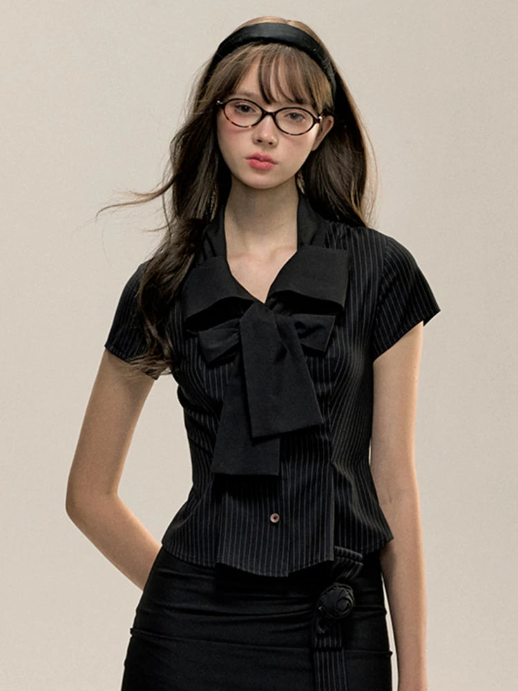 Elegant Black Striped Blouse Women Preppy Style Bow Collar Short Sleeve Shirts for Summer 2025 Fashion Slim Fit Lady Crop Tops