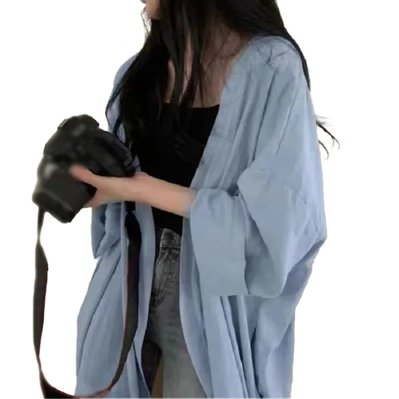 Summer Korean Version Loose Fit Women's Long Cardigan Summer Solid Color Breathable Thin Windbreaker Sunscreen Clothing