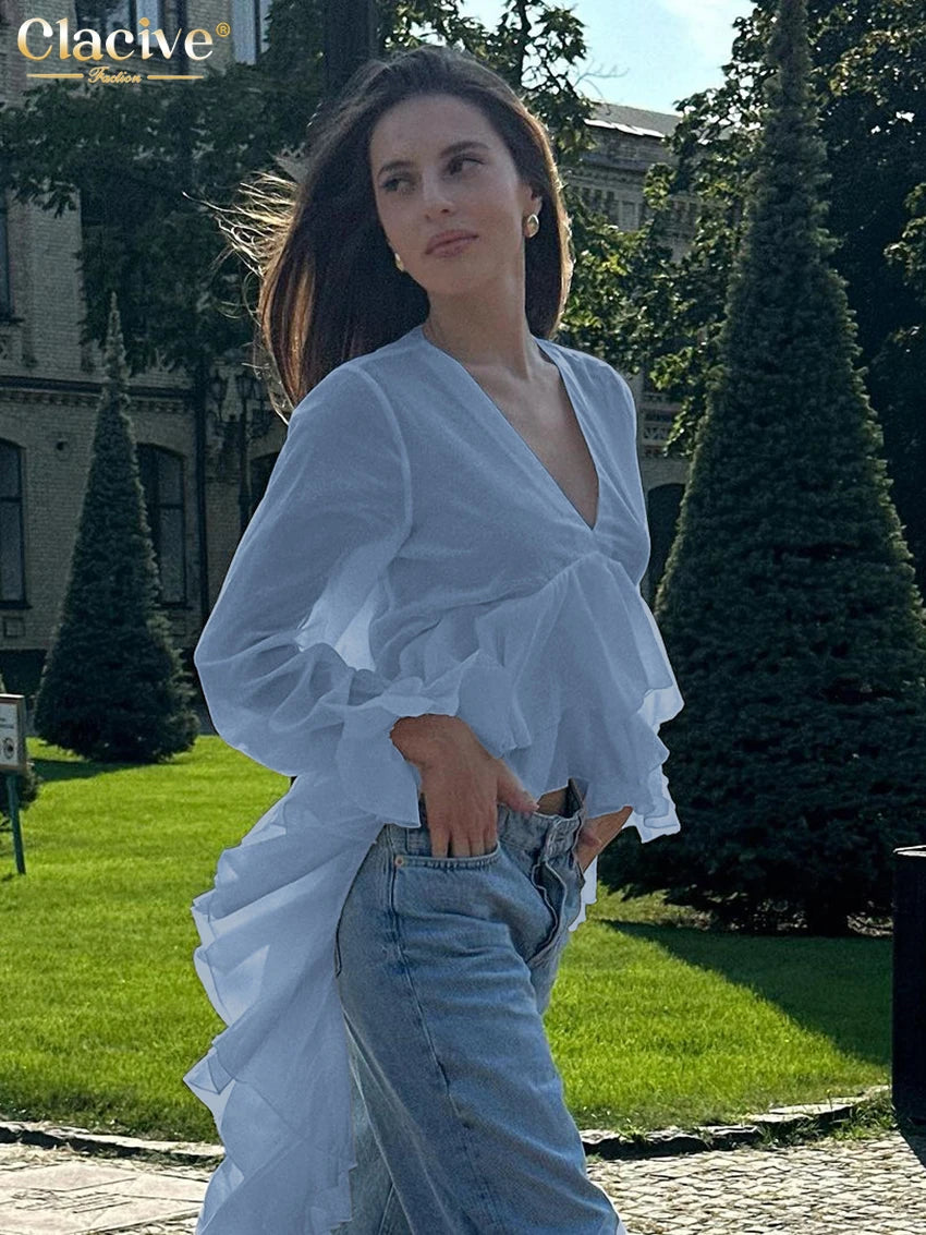 Clacive Sexy Loose White Women's Shirt 2025 Fashion V-Neck Long Sleeve Shirts Elegant Ruffle Irregular Top Female Clothing