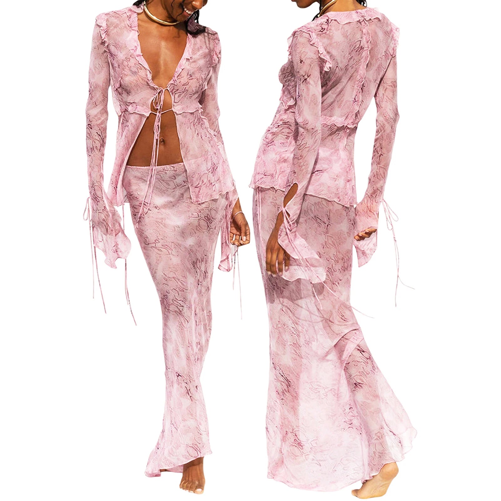 Women Chic Elegant Skirt Set Sexy Mesh Sheer Tie Front Flare Sleeve Tops and Long Skirt Suits Summer Fashion Two Piece Outfits