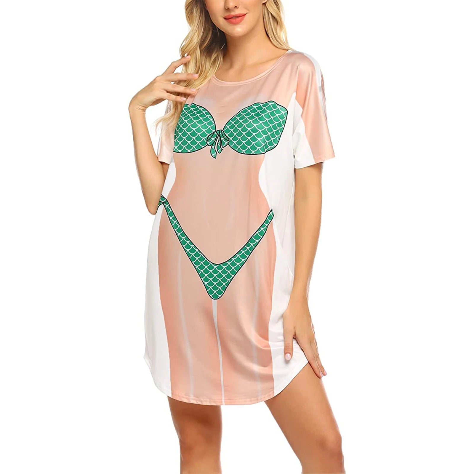 Funny Shirts for Women 3D Bikini Printed Short Sleeve Baggy T Shirt Ladies Oversized Fake Body Graphic Swimsuit Beach Coverup