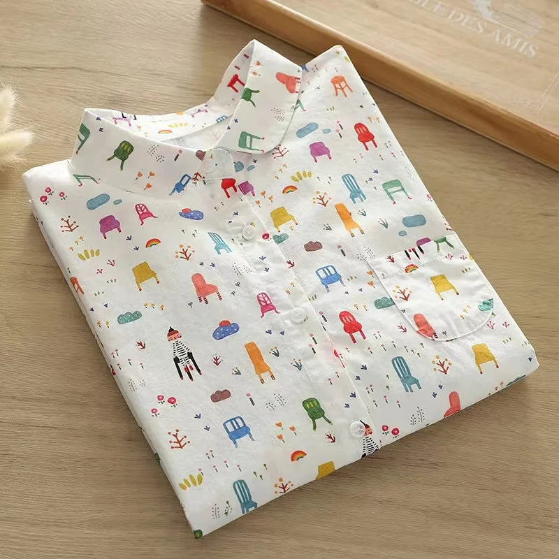 100% Cotton Shirts Women Autumn Spring Japan Style Flower Print Tops Morigirl Long Sleeve Blouses Mori Kei Clothing