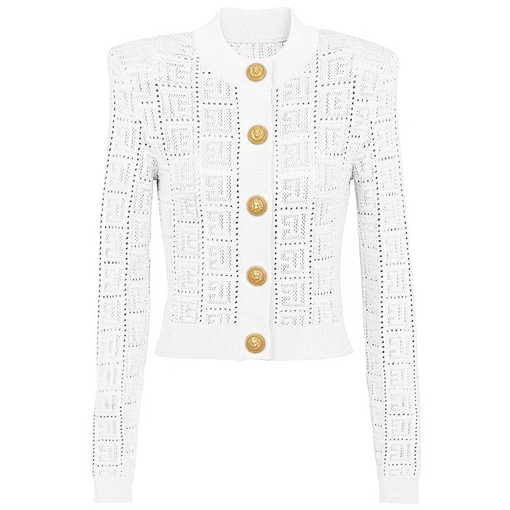SML High Quality Fashion Elastic Knitted Fabric Labyrinth Hollow Round Neck Single breasted Long Sleeve Slim Fit Women Cardigan