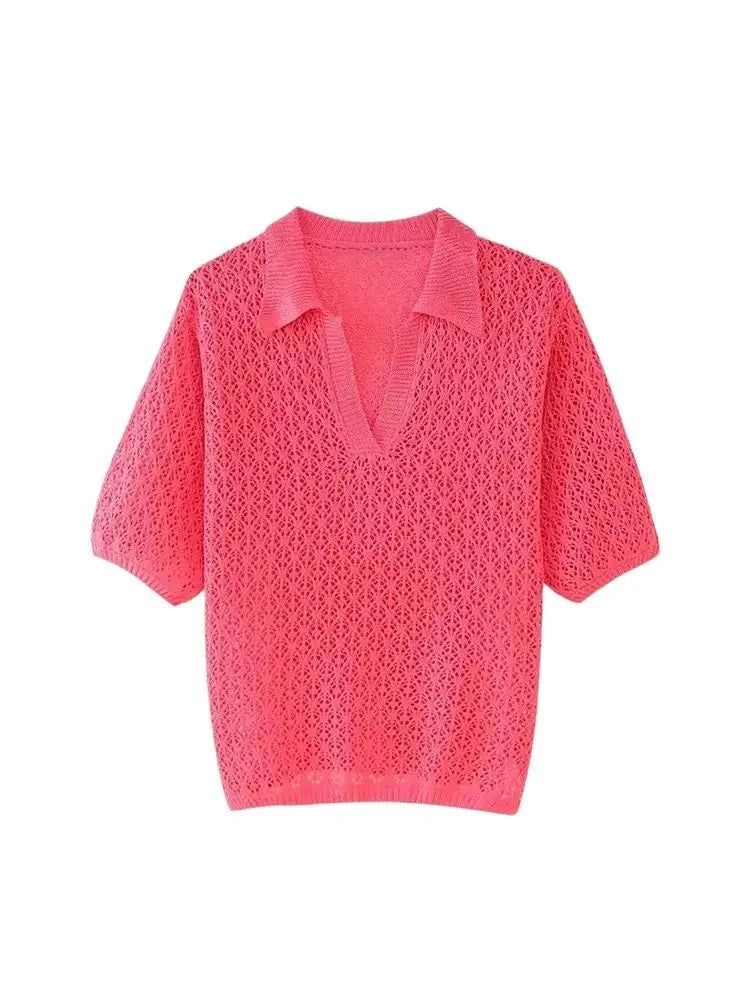 TRZA Women Fashion Pointelle Knit Loose Sweater Polo Collar Short Sleeve Female Pullovers Chic Tops