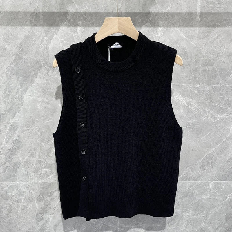 Men's Luxury Knitted Pullover Sweater Vest Casual Streetwear Button Solid Color O Neck Sleeveless Loose Stylish Vintage Knitwear