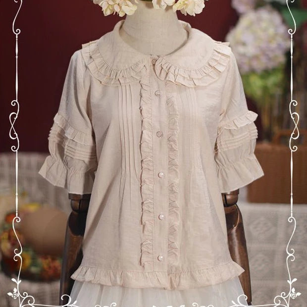 Lolita Solid Peter Pan Collar Women Shirt JapaneseSingle Breasted Sweet Blouse Y2k Aesthetic Ruffled Loose Blusas Mujer De Moda