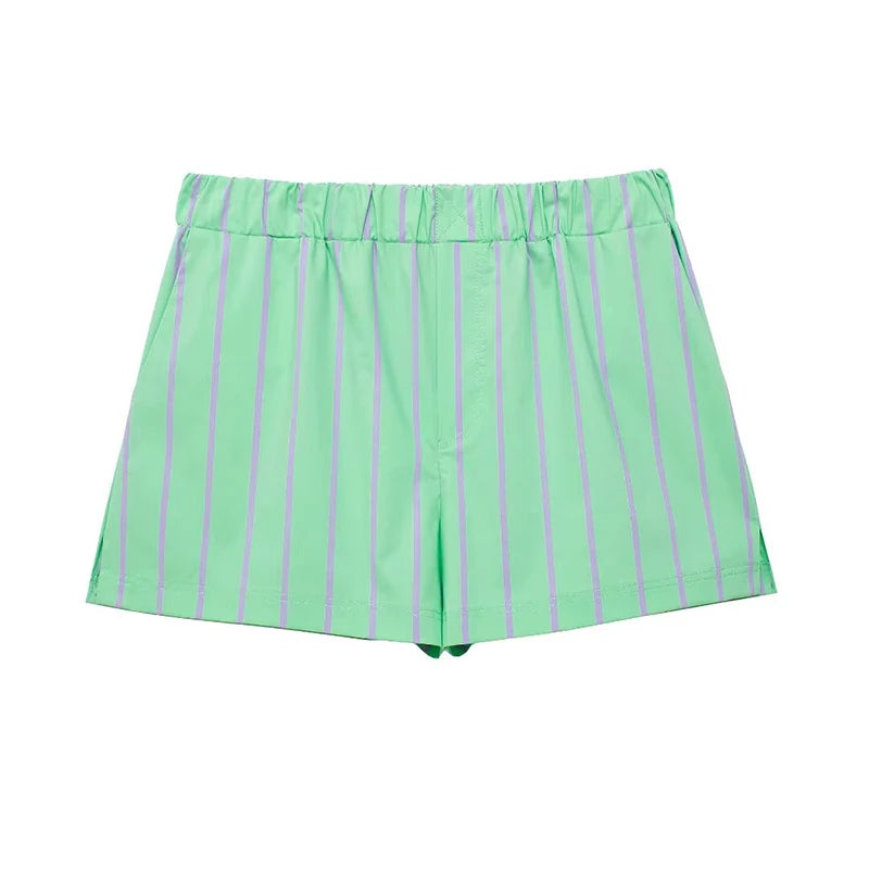 Koekop Women's Fashion Lapel Striped Button Closed Top & Vintage Elastic Waist Striped Women's Chic Shorts