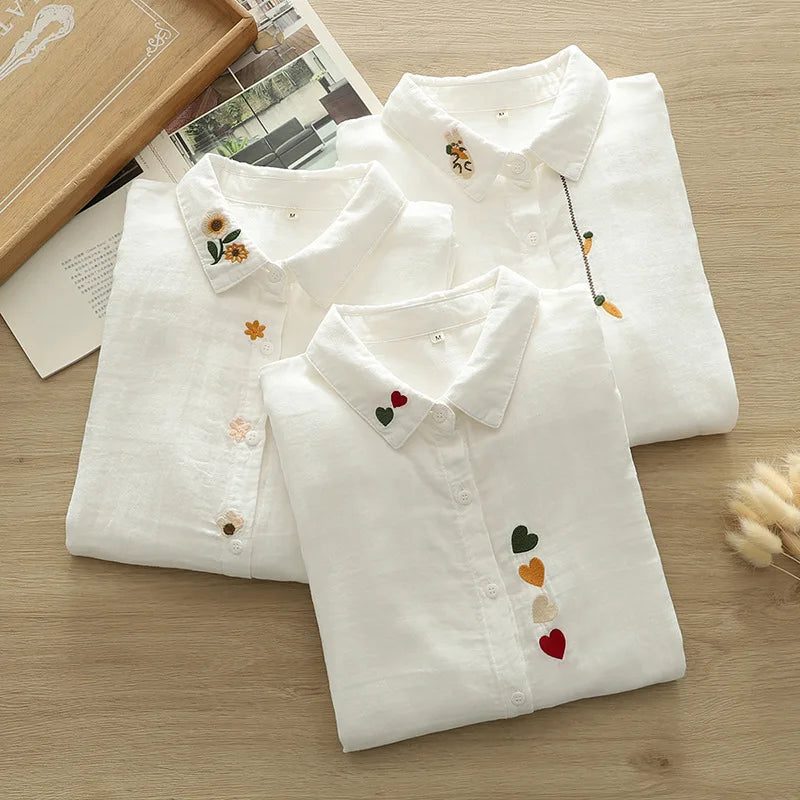 Cotton yarn base shirts woman tops 2025 Japan style elegant plus size white blouses long sleeve heart-shaped embroidered shirts