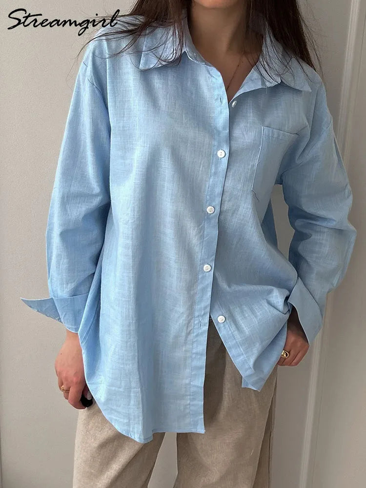 Blue Oversize Women Cotton Linen Shirts And Blouses Long Sleeve Summer Basic White Office Women Shirts Loose Top For Woman Linen