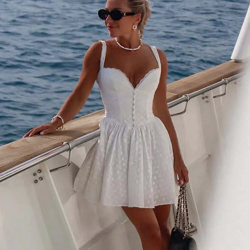 YENKYE Sexy Women Fashion Hollow Out Embroidery Sling White Dress Summer Sleeveless  Low Waist Female Party Mini Dresses
