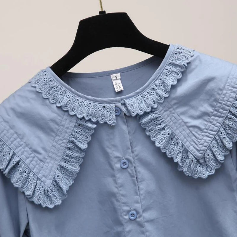 Women Chic Peter Pan Collar Shirts Korean Style Trendy Girl Cute Sweet Ruffles Lolita Lace Blouse Kawaii Lovely Daily Streetwear