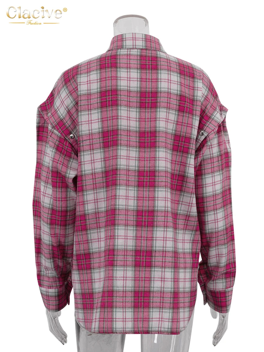 Clacive Fashion Loose Plaid Office Women's Shirt Vintage Lapel Long Sleeve Shirts Elegant Classic Blouse Top Female Clothing