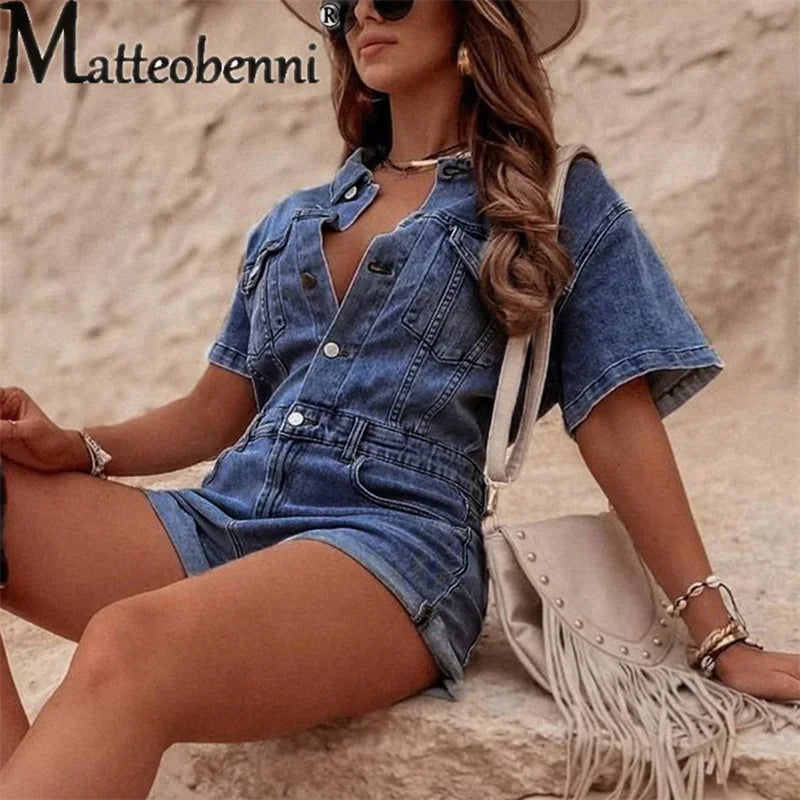 Women's Chest Double Pockets Decoration Single-breasted Splicing Jumpsuit Shorts Female Vintage Lapel Solid Color Denim Rompers
