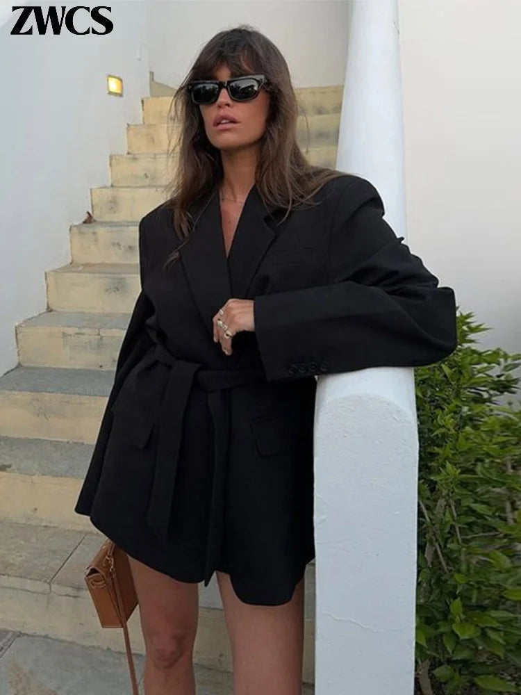 Elegant Lapel Belt Blazers Coat Women Casual Long Sleeve Pockets Turn-down Collar Tops 2025 Autumn New Lady Chic Urban Outwear