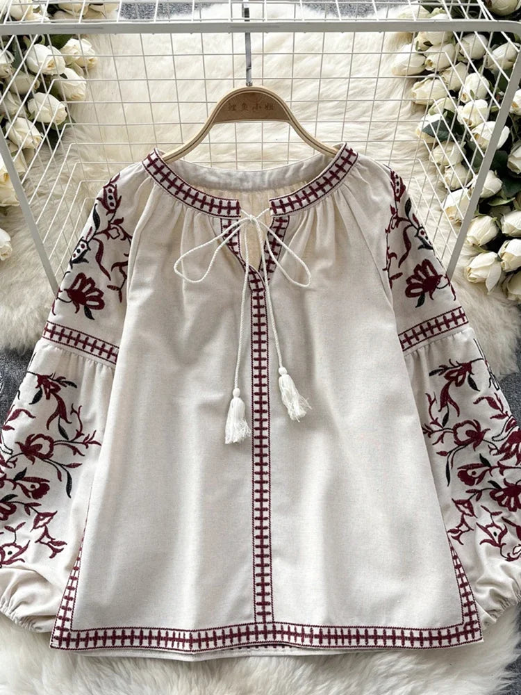 Women's Retro Blouse National Style Embroidered Lace-Up Tassel V-Neck Lantern Sleeve Tops Loose All-Match Female Blusa A02