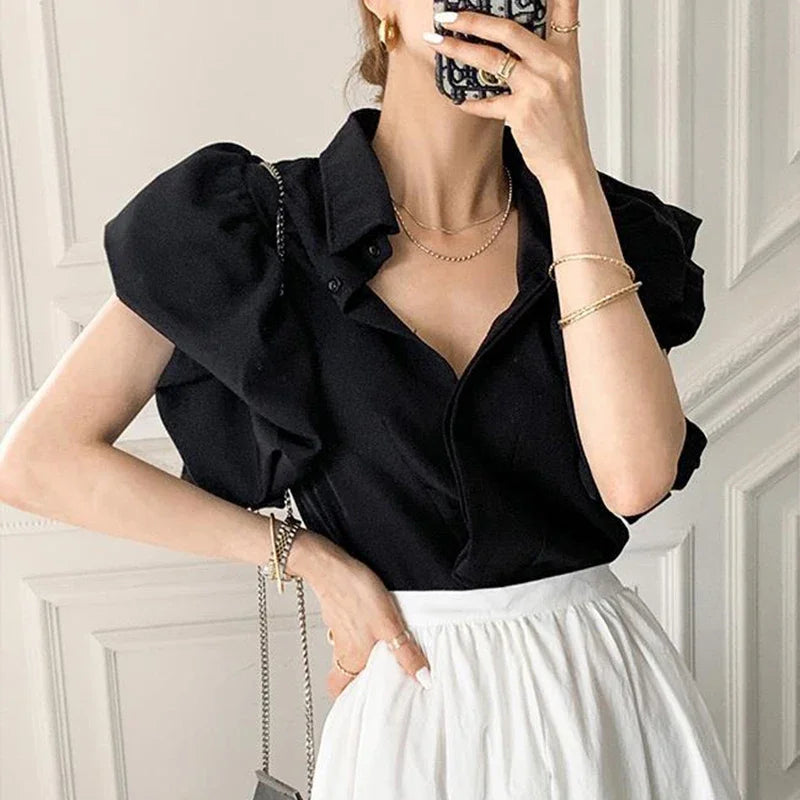 BWQ Y2K Women Chiffon Black Shirts Summer Fashion Elegant Puff Sleeve Tops Korean All Match Female Casual Blouse New