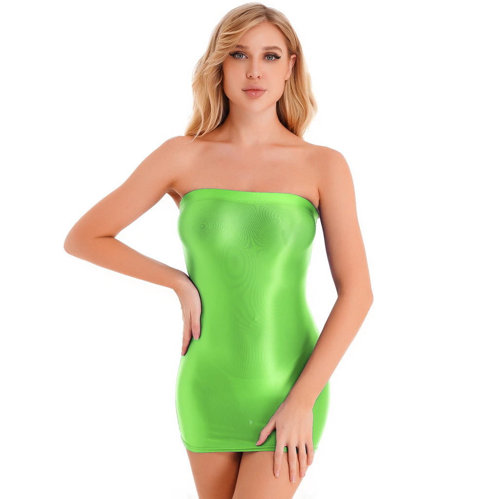 Womens Oil Glossy Strapless Pencil Dress Solid Color Tight Fitting Stretchy Bodycon Mini Dresses Night Club Costume Nightwear