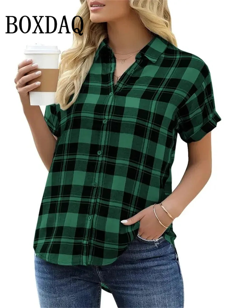 Spring Summer Casual Women's Short Sleeve Blouses Fashion Lapel Button Loose Shirts Classic Plaid Print Women Short Sleeve Tops