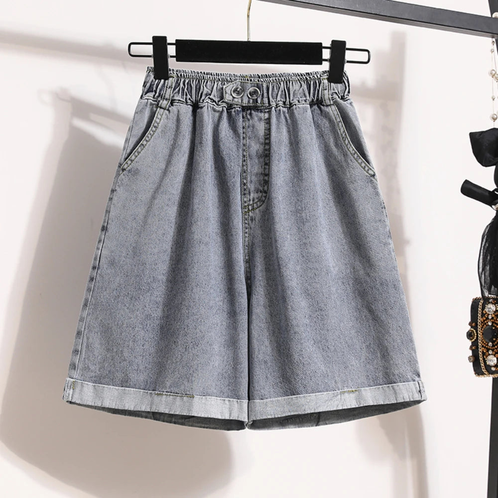 Plus Size Shorts For Women 2024 Summer New Arrivals High Elastic Waist Crimping Wide Leg Loose Streetwear Blue Jeans Shorts