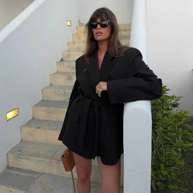 Elegant Lapel Belt Blazers Coat Women Casual Long Sleeve Pockets Turn-down Collar Tops 2025 Autumn New Lady Chic Urban Outwear