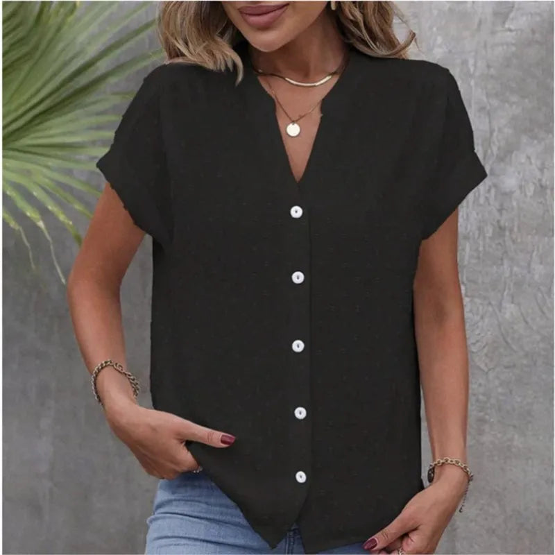 2024 Summer New Solid Color Jacquard V-neck Button Women's Shirt Elegant Office White Cardigan Shirt Loose Tops Blusa Feminina
