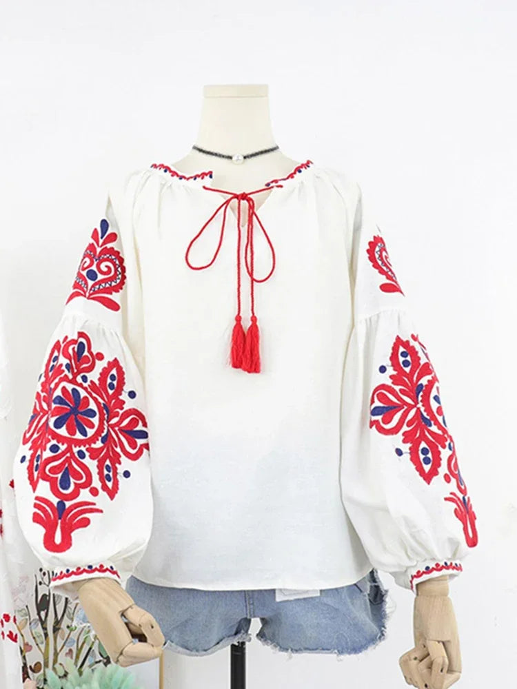 Women's Retro Blouse National Style Embroidered Lace-Up Tassel V-Neck Lantern Sleeve Tops Loose All-Match Female Blusa PL536