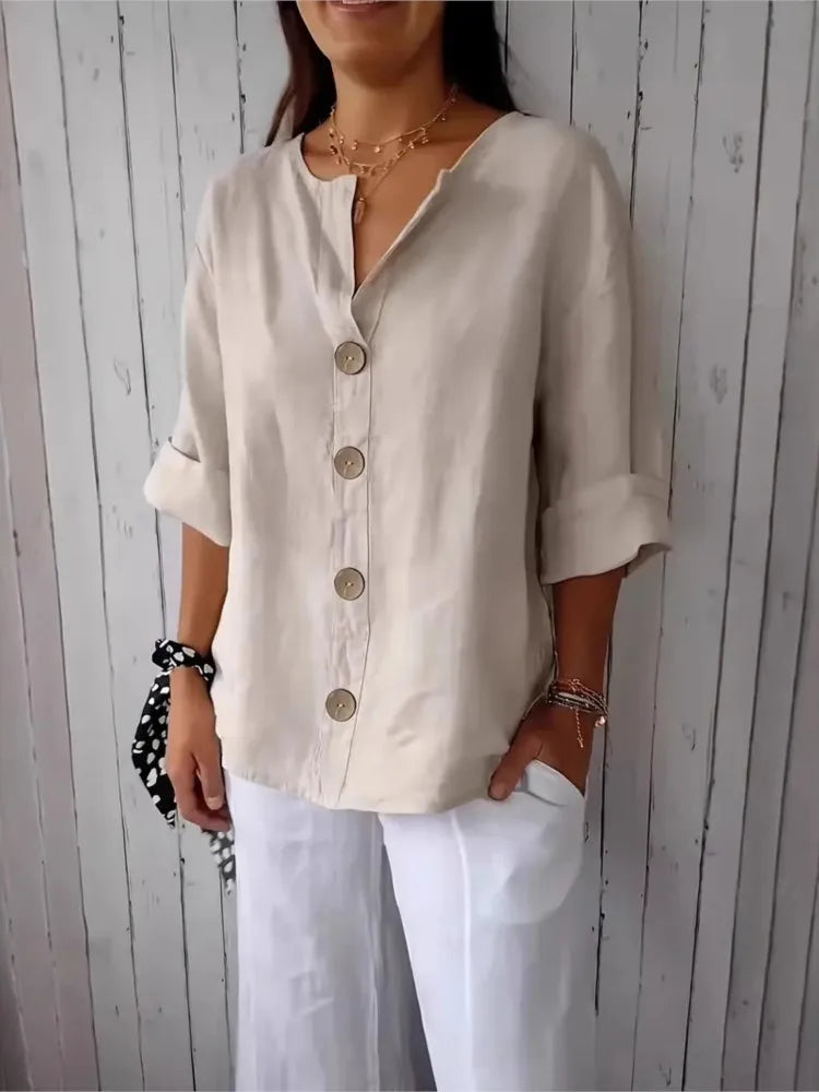 New Summer Loose Shirt Women's V-neck Cotton Linen Button Top Casual Shirts Solid Fashion Elegant Office Womens Clothing 2025