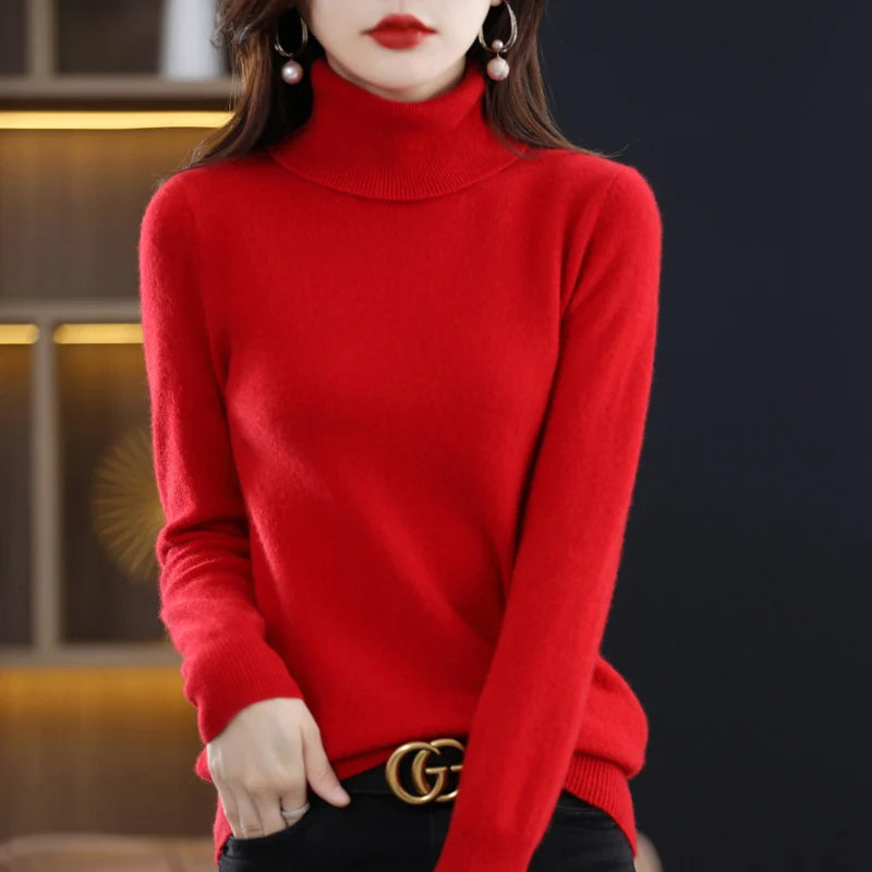 100% Merino Wool High Turnover Collar Knitted Sweater For Women's Autumn And Winter Warm Top Elegant 2YS Versatile Jiu Jia 206