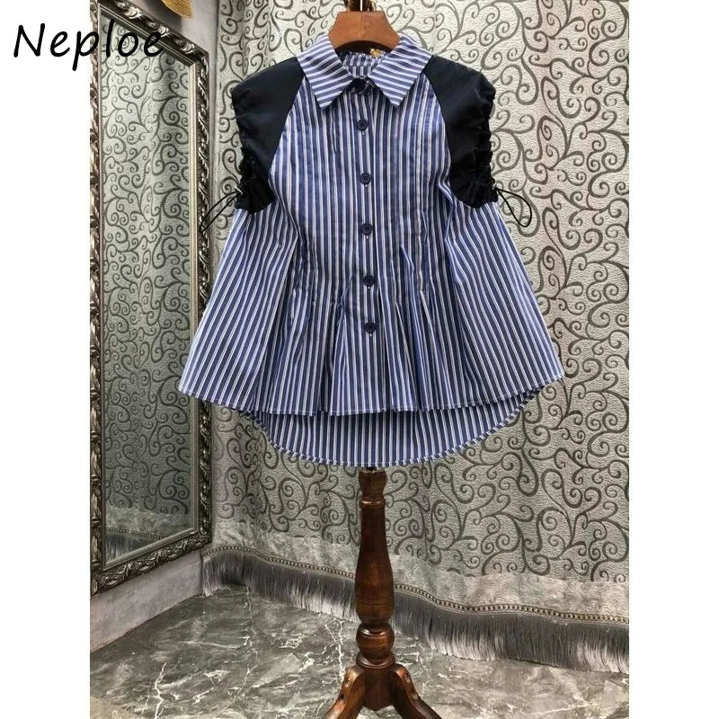 Neploe Turn Down Collar Single-breasted Blouse Pleated Drawstring Patchwork Shirts Korean 2025 Fashion Loose Casual Blusas