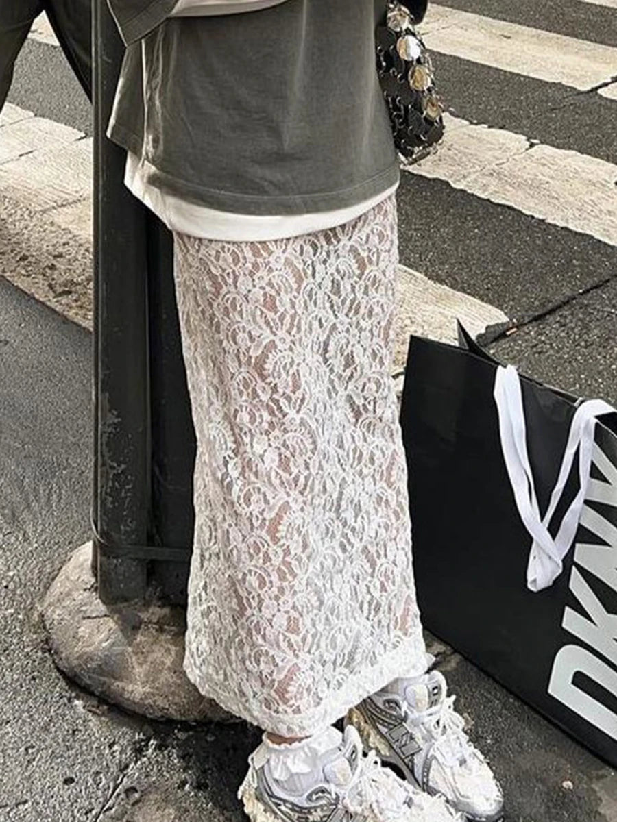Lace Jacquard Transperant Skirt Women Summer New High Waist Sexy Casual Long Skirts 2025 Streetwear Fashion White Maxi Skirt