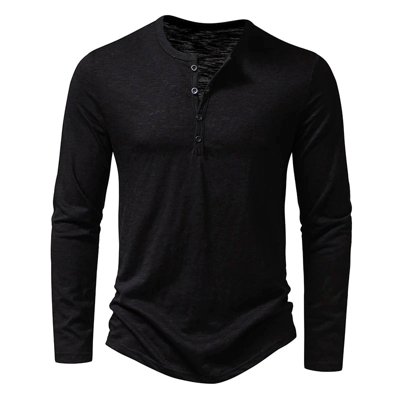 New Men's Cotton Henley T Shirt Long Sleeve T-Shirts Basic Casual Button Collar Breathable Daily Top Tees