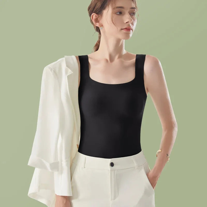 HELIAR Women Summer Seamless Solid Tank Top With Bra Pad Square Collar Ice Silk Comfort Crop Top Sleeveless Street Sports Camis