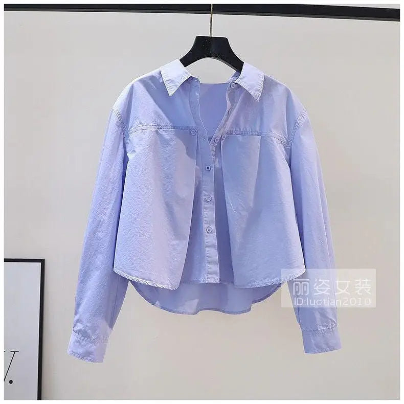 Design Sense Pleated Short Shirt, Women's Blue Loose Long Sleeved Cotton Shirt, New Top For Spring/summer 2024